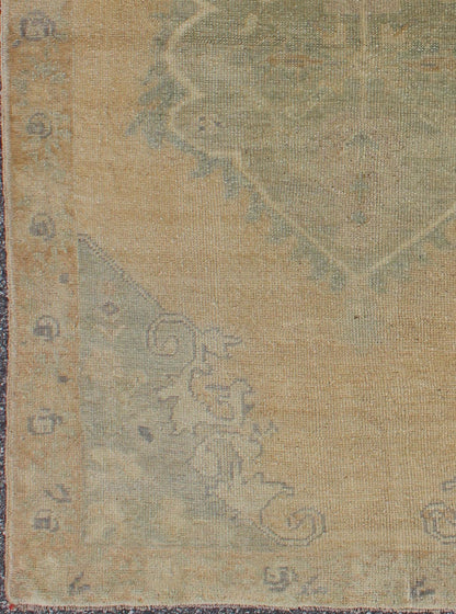 Vintage small Oushak Rug from Turkey with Medallion Design in celery Green & light Amber. Green, light Amber, Vintage Oushak rug with light purple highlights in Medallion Design, rug/TU - TRS - 3471 , country of origin / type: Turkey / Oushak, circ... - Keivan Woven ArtsTU - TRS - 3471 - 5860Rug