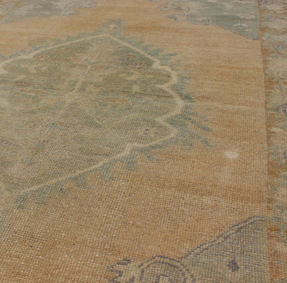 Vintage small Oushak Rug from Turkey with Medallion Design in celery Green & light Amber. Green, light Amber, Vintage Oushak rug with light purple highlights in Medallion Design, rug/TU - TRS - 3471 , country of origin / type: Turkey / Oushak, circ... - Keivan Woven ArtsTU - TRS - 3471 - 5860Rug