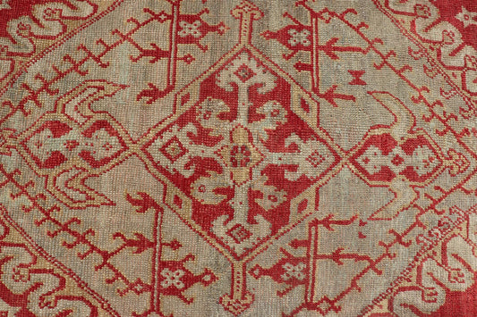 Antique Turkish Oushak rug in delicate red background and light blue border, Rug / TU - TRS - 3472, Antique Oushak Circa 1910 This lovely antique Oushak showcases an elegant medallion design with four cornices that hold the field. The background... - Keivan Woven ArtsTU - TRS - 3472 - 6919Rug