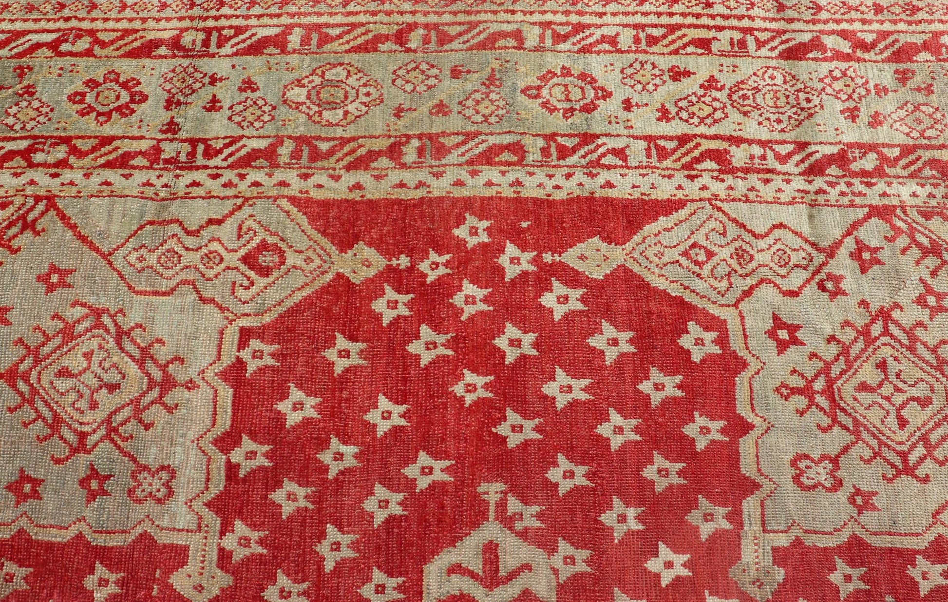 Antique Turkish Oushak rug in delicate red background and light blue border, Rug / TU - TRS - 3472, Antique Oushak Circa 1910 This lovely antique Oushak showcases an elegant medallion design with four cornices that hold the field. The background... - Keivan Woven ArtsTU - TRS - 3472 - 6919Rug