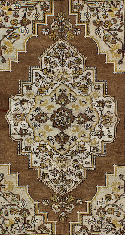 Mocha brown, chartreuse vintage Turkish Oushak rug with ornate floral medallion, Keivan Woven Arts / rug tu - TRS - 3473, country of origin / type: Turkey / Oushak, circa 1940. Measures: 6'4 x 9'11. This vintage, mid century Turkish Oushak ru... - Keivan Woven ArtsTU - TRS - 3473 - 6925Rug