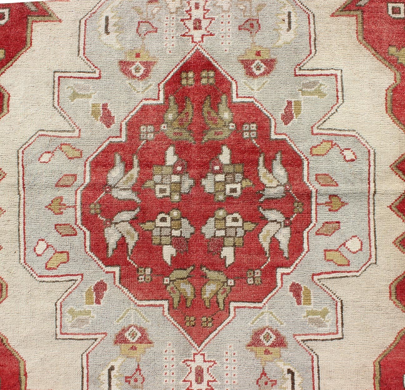 Layered medallion antique Turkish Oushak rug with red sub - geometric motifs Measures: 4'4 x 7'9 This vintage Turkish Oushak rug features an intricate geometric medallion design. The central medallion is surrounded by multi - layers in the fi... - Keivan Woven ArtsTU - TRS - 3600 - 7245Rug