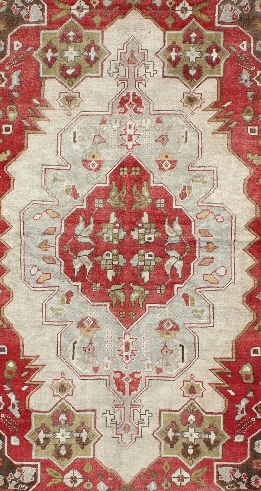Layered medallion antique Turkish Oushak rug with red sub - geometric motifs Measures: 4'4 x 7'9 This vintage Turkish Oushak rug features an intricate geometric medallion design. The central medallion is surrounded by multi - layers in the fi... - Keivan Woven ArtsTU - TRS - 3600 - 7245Rug