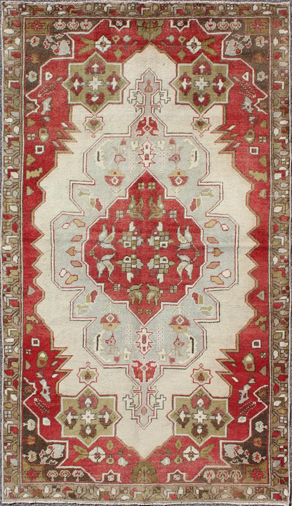 Layered medallion antique Turkish Oushak rug with red sub - geometric motifs Measures: 4'4 x 7'9 This vintage Turkish Oushak rug features an intricate geometric medallion design. The central medallion is surrounded by multi - layers in the fi... - Keivan Woven ArtsTU - TRS - 3600 - 7245Rug
