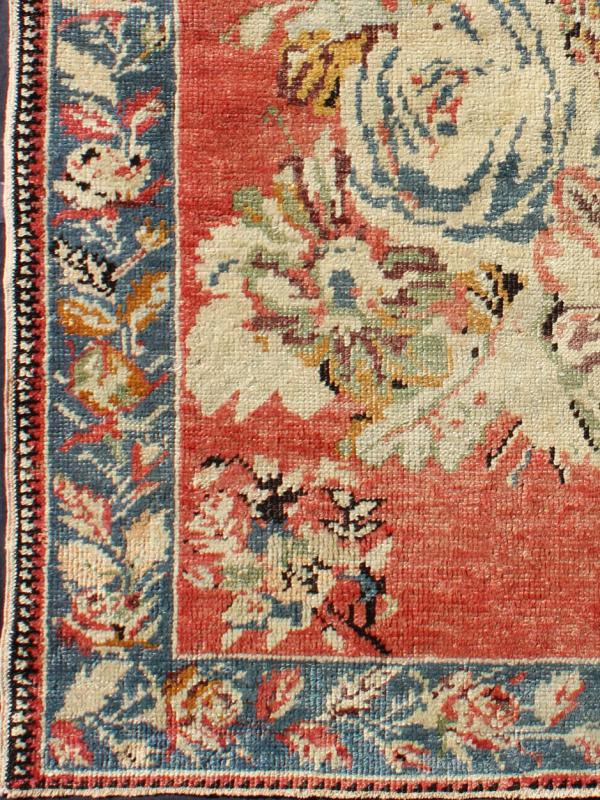 Vintage Turkish Oushak Carpet with Bouquets of Colorful Flowers in Red and Teal Measures: 3'9'' x 5'5''. Inspired by antique Caucasian Karabagh, this handwoven vintage Oushak rug features a large bouquet of flowers in the central field, flank... - Keivan Woven ArtsTU - TRS - 3606 - 7251Rug