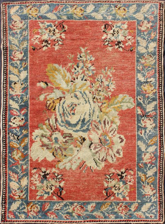 Vintage Turkish Oushak Carpet with Bouquets of Colorful Flowers in Red and Teal Measures: 3'9'' x 5'5''. Inspired by antique Caucasian Karabagh, this handwoven vintage Oushak rug features a large bouquet of flowers in the central field, flank... - Keivan Woven ArtsTU - TRS - 3606 - 7251