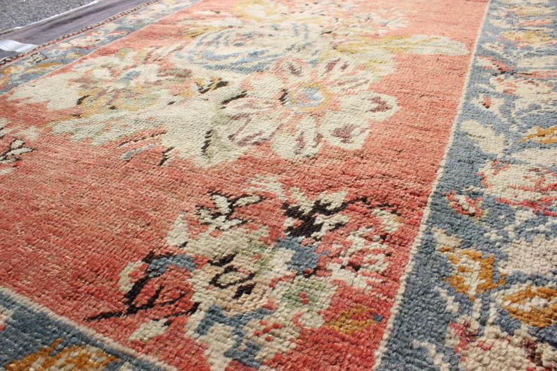 Vintage Turkish Oushak Carpet with Bouquets of Colorful Flowers in Red and Teal Measures: 3'9'' x 5'5''. Inspired by antique Caucasian Karabagh, this handwoven vintage Oushak rug features a large bouquet of flowers in the central field, flank... - Keivan Woven ArtsTU - TRS - 3606 - 7251Rug