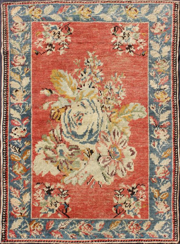 Vintage Turkish Oushak Carpet with Bouquets of Colorful Flowers in Red and Teal Measures: 3'9'' x 5'5''. Inspired by antique Caucasian Karabagh, this handwoven vintage Oushak rug features a large bouquet of flowers in the central field, flank... - Keivan Woven ArtsTU - TRS - 3606 - 7251Rug
