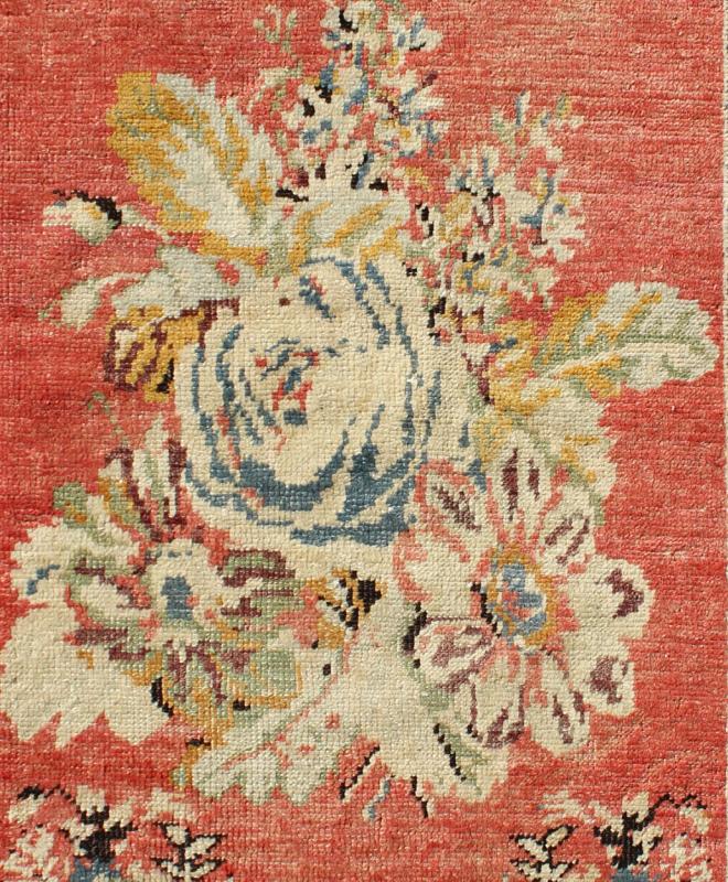 Vintage Turkish Oushak Carpet with Bouquets of Colorful Flowers in Red and Teal Measures: 3'9'' x 5'5''. Inspired by antique Caucasian Karabagh, this handwoven vintage Oushak rug features a large bouquet of flowers in the central field, flank... - Keivan Woven ArtsTU - TRS - 3606 - 7251Rug
