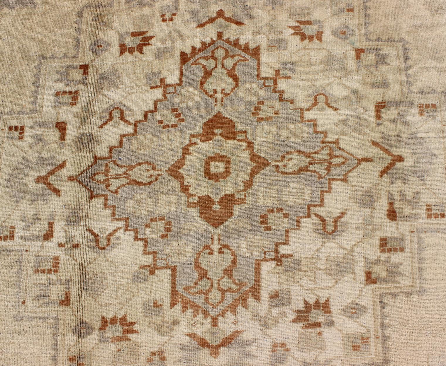 Floral Layered Medallion Vintage Turkish Oushak Rug in Cream, Ivory, Gray & Brown Measures: 6'10'' x 11'3''. This Oushak carpet (circa mid - 20th century) features a multi - layered medallion framed in the central field. Complementary floral desi... - Keivan Woven ArtsTU - TRS - 3619 - 7255Rug
