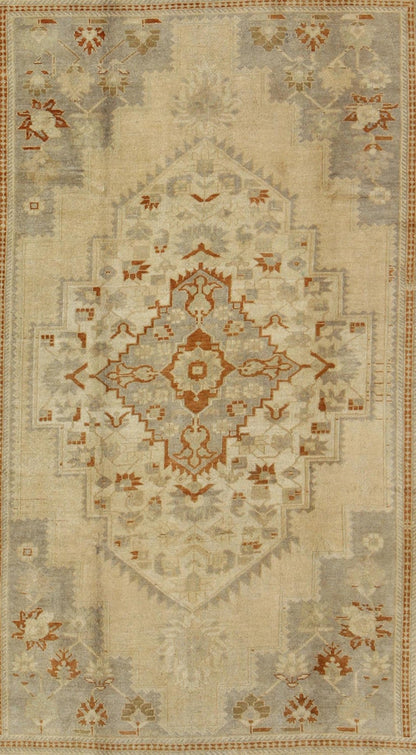 Floral Layered Medallion Vintage Turkish Oushak Rug in Cream, Ivory, Gray & Brown Measures: 6'10'' x 11'3''. This Oushak carpet (circa mid - 20th century) features a multi - layered medallion framed in the central field. Complementary floral desi... - Keivan Woven ArtsTU - TRS - 3619 - 7255Rug