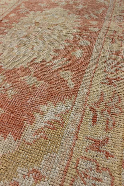 Antique Turkish Oushak Rug with Floral Motifs and Coral Background. Measures: 2'11'' x 5'5''. This Oushak runner features a unique blend of cheerful colors and an intricately beautiful design. The multi - layered diamond medallions are compleme... - Keivan Woven ArtsTU - TRS - 4641 - 7907Rug