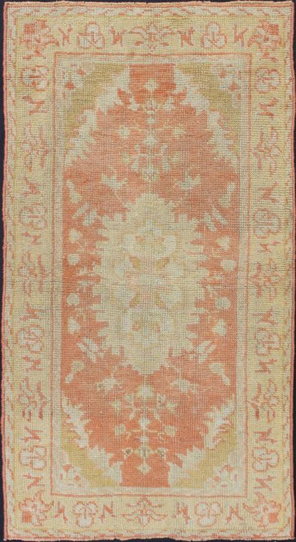 Antique Turkish Oushak Rug with Floral Motifs and Coral Background. Measures: 2'11'' x 5'5''. This Oushak runner features a unique blend of cheerful colors and an intricately beautiful design. The multi - layered diamond medallions are compleme... - Keivan Woven ArtsTU - TRS - 4641 - 7907Rug