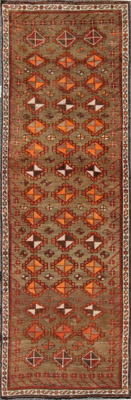 Antique Turkish Tribal Runner in green background and rusty red, orange/ Keivan Woven Arts rug/TU - TRS - 4645. Turkish antique runner. Antique Turkish Tribal Runner in diamond design and Geometrics. Antique Turkish Tribal Runner This colorful Ous... - Keivan Woven ArtsTU - TRS - 4645 - 8088
