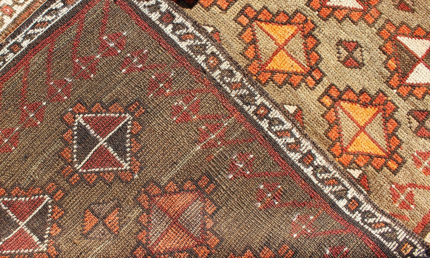 Antique Turkish Tribal Runner in green background and rusty red, orange/ Keivan Woven Arts rug/TU - TRS - 4645. Turkish antique runner. Antique Turkish Tribal Runner in diamond design and Geometrics. Antique Turkish Tribal Runner This colorful Ous... - Keivan Woven ArtsTU - TRS - 4645 - 8088Rug