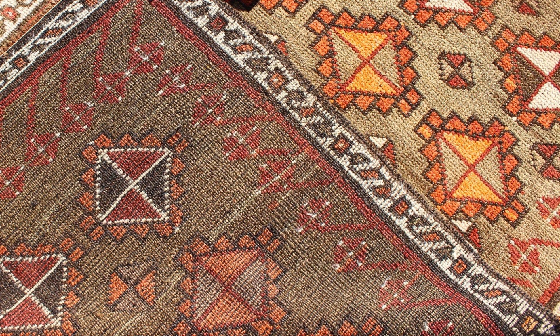 Antique Turkish Tribal Runner in green background and rusty red, orange/ Keivan Woven Arts rug/TU - TRS - 4645. Turkish antique runner. Antique Turkish Tribal Runner in diamond design and Geometrics. Antique Turkish Tribal Runner This colorful Ous... - Keivan Woven ArtsTU - TRS - 4645 - 8088Rug
