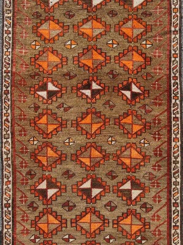 Antique Turkish Tribal Runner in green background and rusty red, orange/ Keivan Woven Arts rug/TU - TRS - 4645. Turkish antique runner. Antique Turkish Tribal Runner in diamond design and Geometrics. Antique Turkish Tribal Runner This colorful Ous... - Keivan Woven ArtsTU - TRS - 4645 - 8088