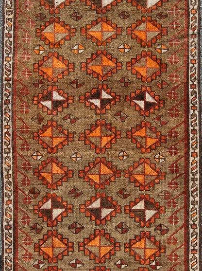 Antique Turkish Tribal Runner in green background and rusty red, orange/ Keivan Woven Arts rug/TU - TRS - 4645. Turkish antique runner. Antique Turkish Tribal Runner in diamond design and Geometrics. Antique Turkish Tribal Runner This colorful Ous... - Keivan Woven ArtsTU - TRS - 4645 - 8088Rug