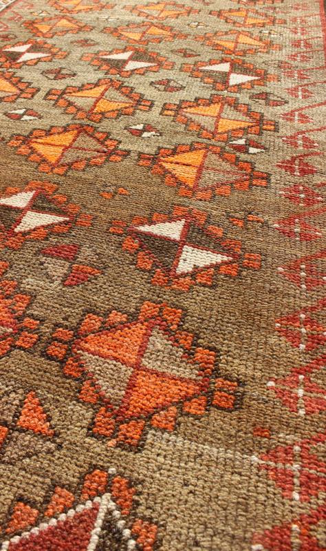 Antique Turkish Tribal Runner in green background and rusty red, orange/ Keivan Woven Arts rug/TU - TRS - 4645. Turkish antique runner. Antique Turkish Tribal Runner in diamond design and Geometrics. Antique Turkish Tribal Runner This colorful Ous... - Keivan Woven ArtsTU - TRS - 4645 - 8088Rug