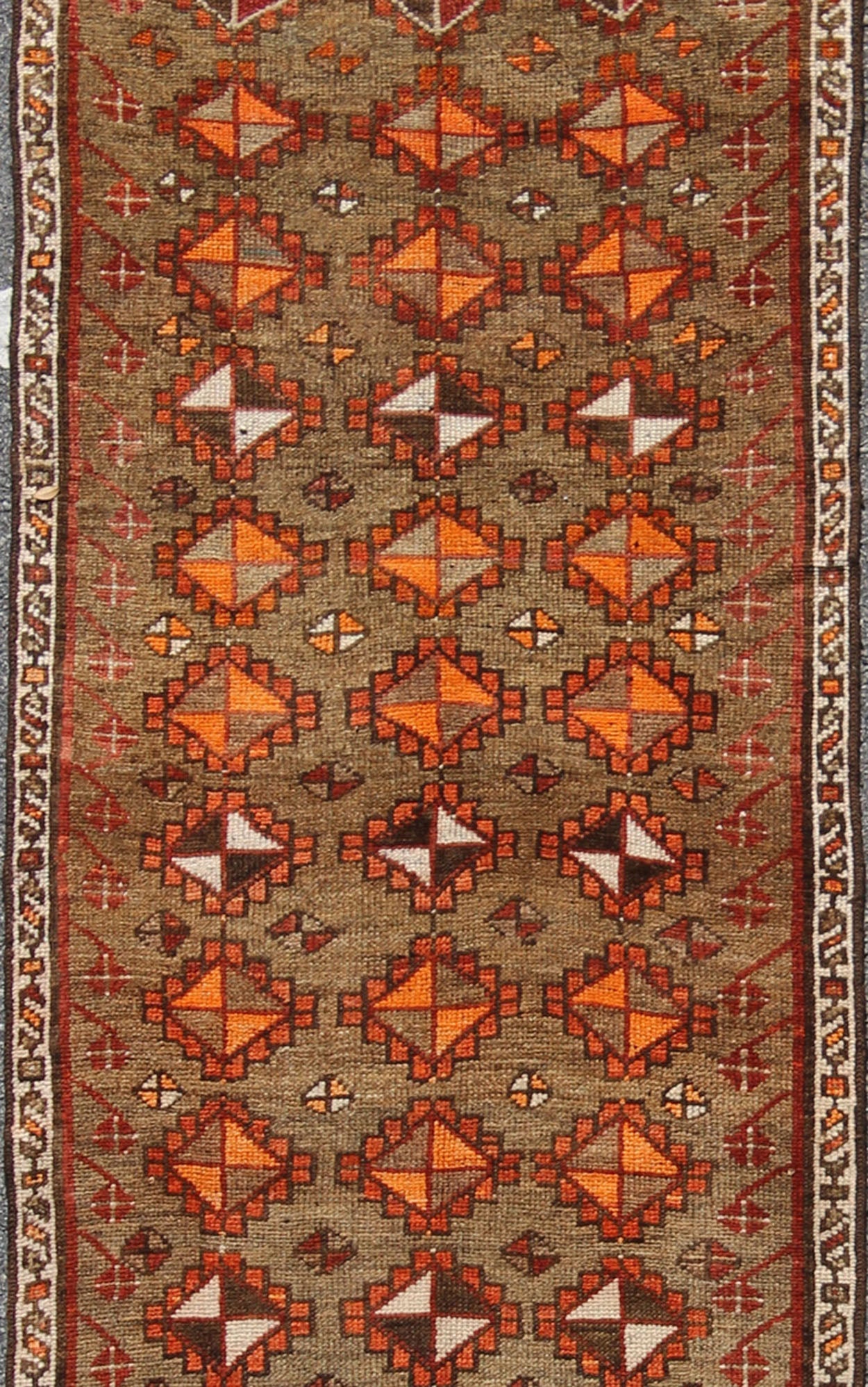 Antique Turkish Tribal Runner in green background and rusty red, orange/ Keivan Woven Arts rug/TU - TRS - 4645. Turkish antique runner. Antique Turkish Tribal Runner in diamond design and Geometrics. Antique Turkish Tribal Runner This colorful Ous... - Keivan Woven ArtsTU - TRS - 4645 - 8088Rug