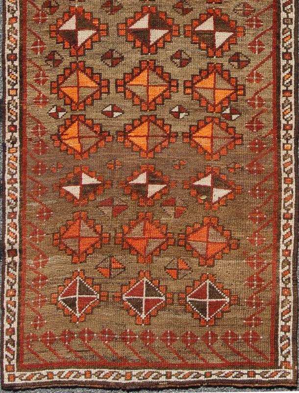 Antique Turkish Tribal Runner in green background and rusty red, orange/ Keivan Woven Arts rug/TU - TRS - 4645. Turkish antique runner. Antique Turkish Tribal Runner in diamond design and Geometrics. Antique Turkish Tribal Runner This colorful Ous... - Keivan Woven ArtsTU - TRS - 4645 - 8088