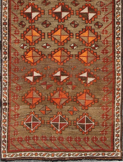 Antique Turkish Tribal Runner in green background and rusty red, orange/ Keivan Woven Arts rug/TU - TRS - 4645. Turkish antique runner. Antique Turkish Tribal Runner in diamond design and Geometrics. Antique Turkish Tribal Runner This colorful Ous... - Keivan Woven ArtsTU - TRS - 4645 - 8088
