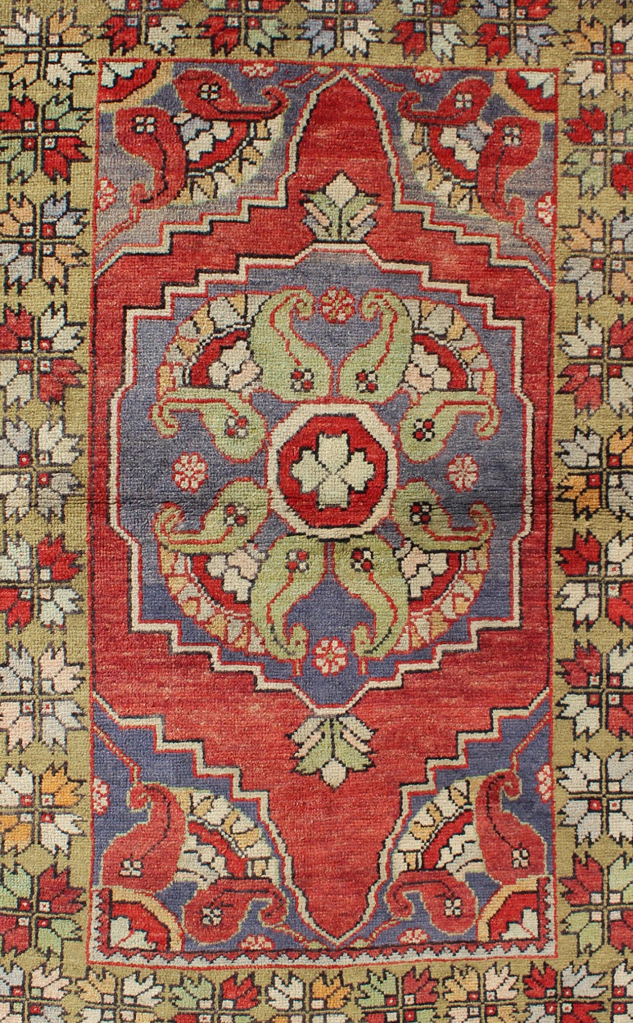 Vintage Turkish Oushak Rug with Tribal Medallion in Tomato Red and Multi - Colors Tomato red and light yellow green Tribal vintage Oushak rug with medallion design, Keivan Woven Arts / rug TU - TRS - 95002, country of origin / type: Turkey / Oushak, circ... - Keivan Woven ArtsTU - TRS - 95002 - 3588Rug