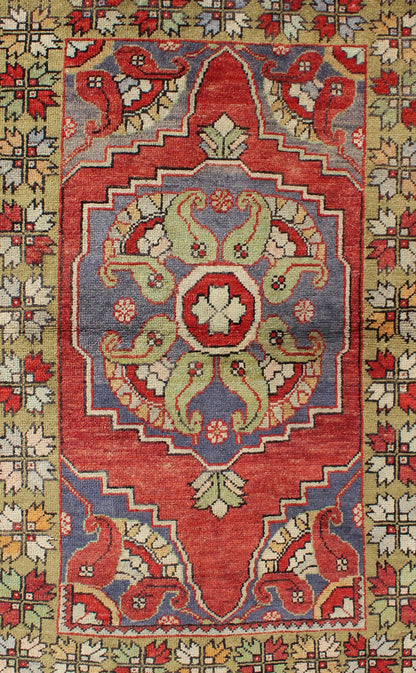 Vintage Turkish Oushak Rug with Tribal Medallion in Tomato Red and Multi - Colors Tomato red and light yellow green Tribal vintage Oushak rug with medallion design, Keivan Woven Arts / rug TU - TRS - 95002, country of origin / type: Turkey / Oushak, circ... - Keivan Woven ArtsTU - TRS - 95002 - 3588Rug
