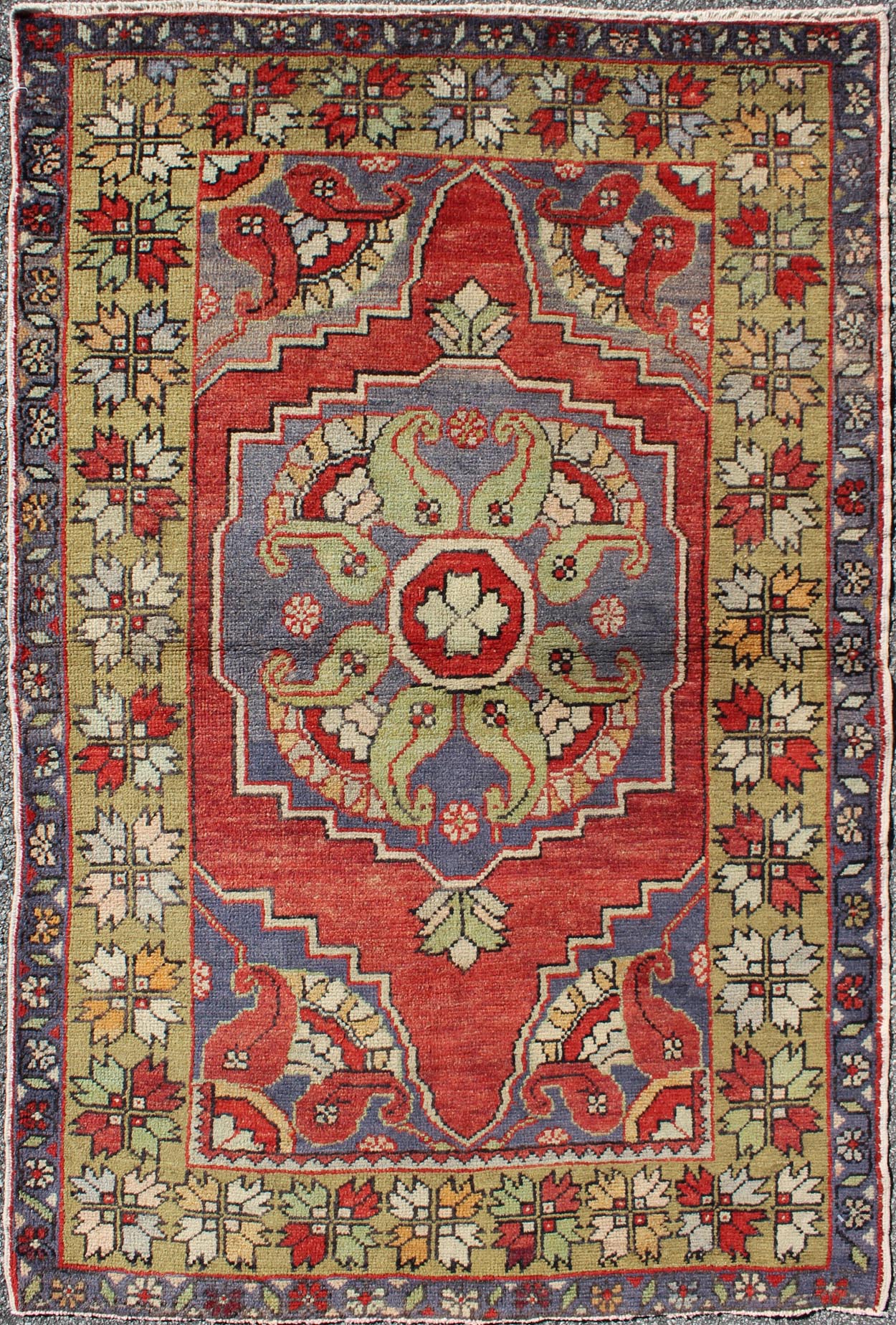 Vintage Turkish Oushak Rug with Tribal Medallion in Tomato Red and Multi - Colors Tomato red and light yellow green Tribal vintage Oushak rug with medallion design, Keivan Woven Arts / rug TU - TRS - 95002, country of origin / type: Turkey / Oushak, circ... - Keivan Woven ArtsTU - TRS - 95002 - 3588Rug