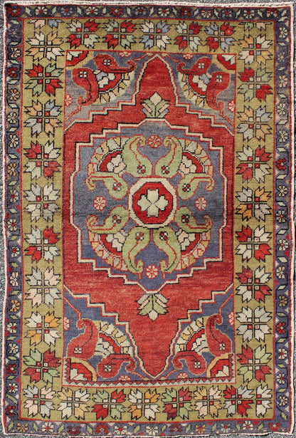 Vintage Turkish Oushak Rug with Tribal Medallion in Tomato Red and Multi - Colors Tomato red and light yellow green Tribal vintage Oushak rug with medallion design, Keivan Woven Arts / rug TU - TRS - 95002, country of origin / type: Turkey / Oushak, circ... - Keivan Woven ArtsTU - TRS - 95002 - 3588Rug