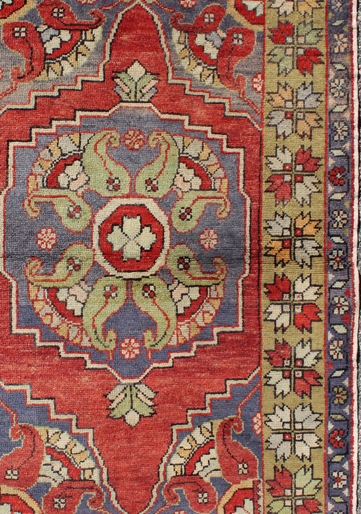 Vintage Turkish Oushak Rug with Tribal Medallion in Tomato Red and Multi - Colors Tomato red and light yellow green Tribal vintage Oushak rug with medallion design, Keivan Woven Arts / rug TU - TRS - 95002, country of origin / type: Turkey / Oushak, circ... - Keivan Woven ArtsTU - TRS - 95002 - 3588Rug