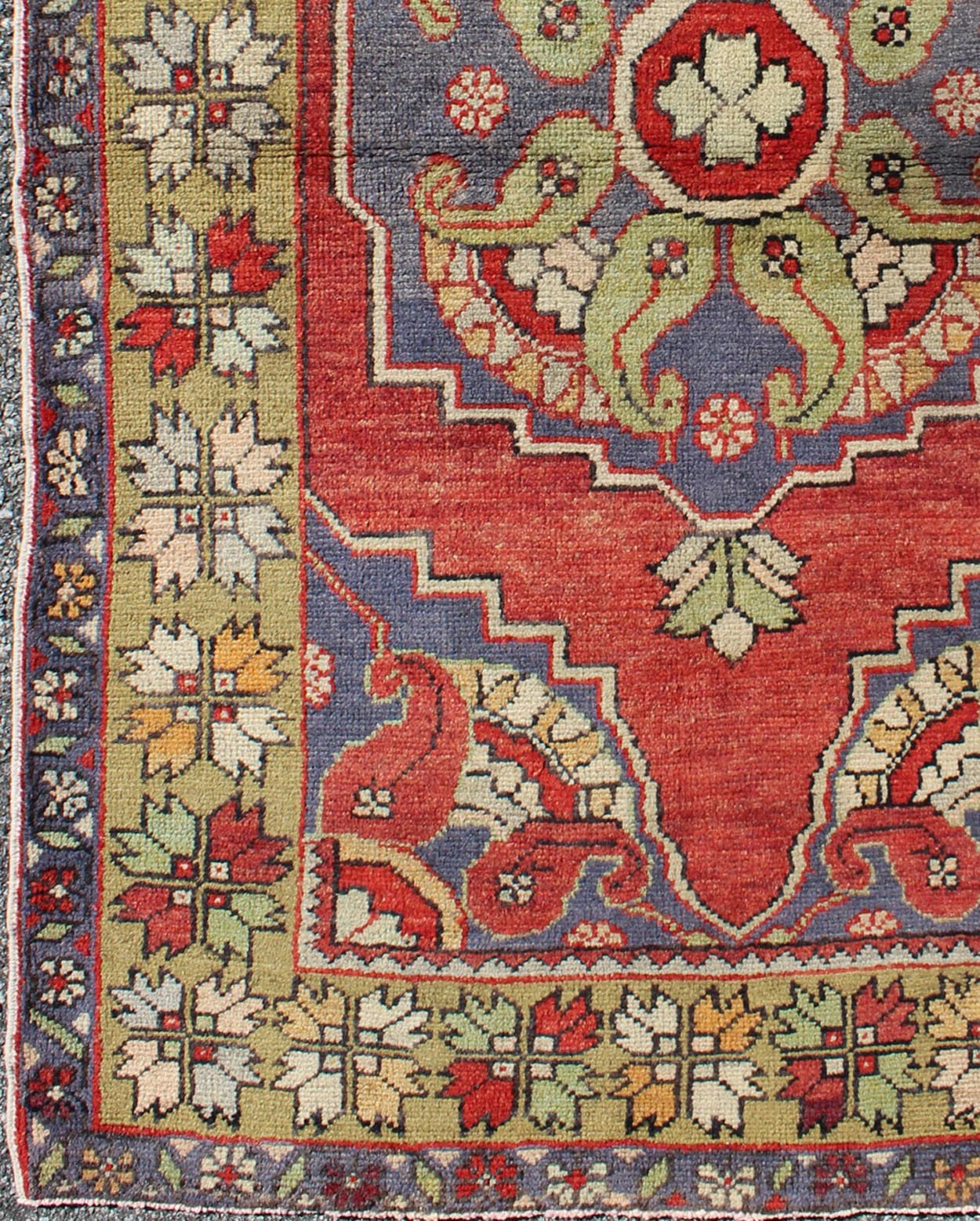 Vintage Turkish Oushak Rug with Tribal Medallion in Tomato Red and Multi - Colors Tomato red and light yellow green Tribal vintage Oushak rug with medallion design, Keivan Woven Arts / rug TU - TRS - 95002, country of origin / type: Turkey / Oushak, circ... - Keivan Woven ArtsTU - TRS - 95002 - 3588Rug