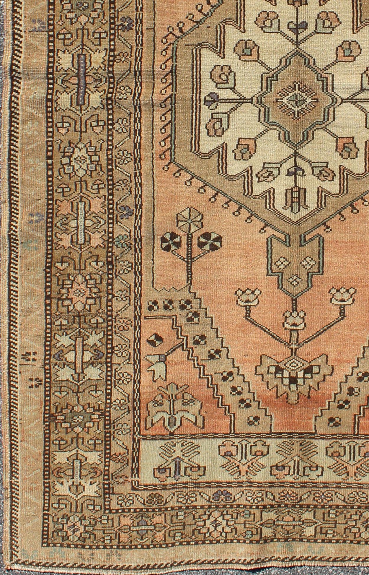 Peach Colored Floral Vintage Turkish Oushak Medallion Rug With Multiple Ornate Borders. Keivan Woven Arts / rug TU - TRS - 95019, country of origin / type: Turkey / Oushak, circa 1940 This vintage Turkish Oushak rug features an intricately beautiful... - Keivan Woven ArtsTU - TRS - 95019 - 3886Rug