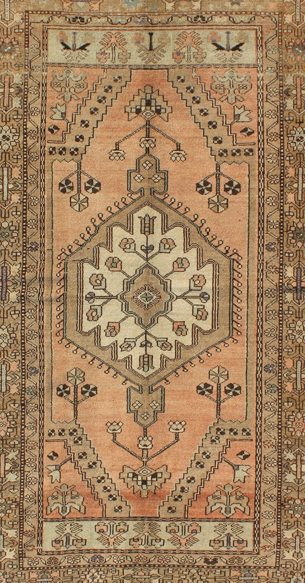 Peach Colored Floral Vintage Turkish Oushak Medallion Rug With Multiple Ornate Borders. Keivan Woven Arts / rug TU - TRS - 95019, country of origin / type: Turkey / Oushak, circa 1940 This vintage Turkish Oushak rug features an intricately beautiful... - Keivan Woven ArtsTU - TRS - 95019 - 3886Rug