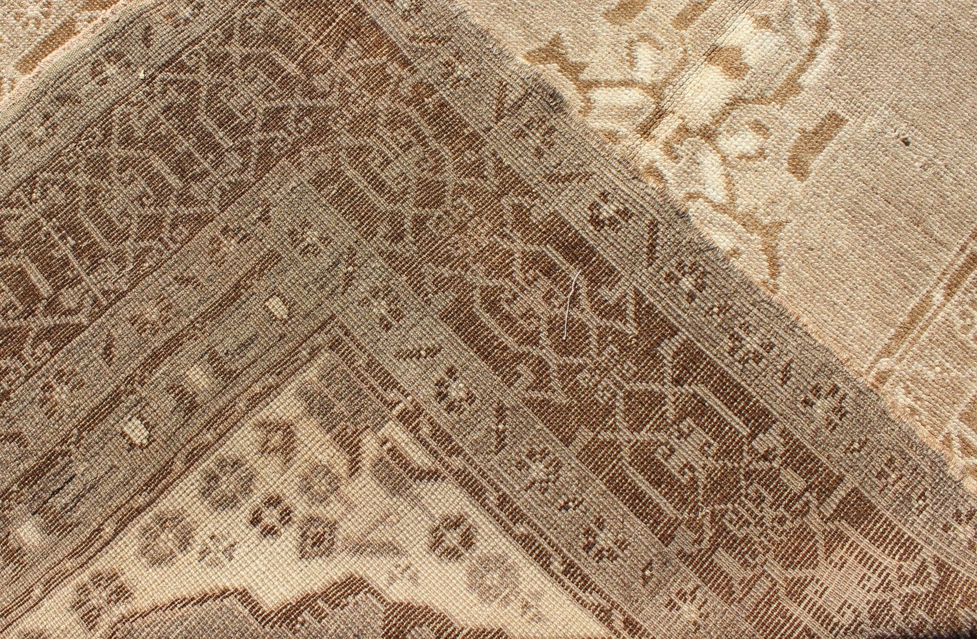 Vintage Turkish Medallion Oushak Area Rug in Grey and Brown's Measures: 3.10 x 6.10 Set amidst a taupe and gray background and featuring a gentle medallion, the beautiful and delicate design of this rug is framed by repeating geometric el... - Keivan Woven ArtsTU - TRS - 95020 - 3582Rug