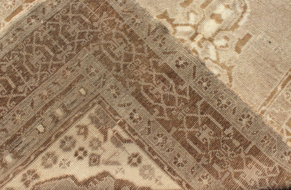 Vintage Turkish Medallion Oushak Area Rug in Grey and Brown's Measures: 3.10 x 6.10 Set amidst a taupe and gray background and featuring a gentle medallion, the beautiful and delicate design of this rug is framed by repeating geometric el... - Keivan Woven ArtsTU - TRS - 95020 - 3582Rug