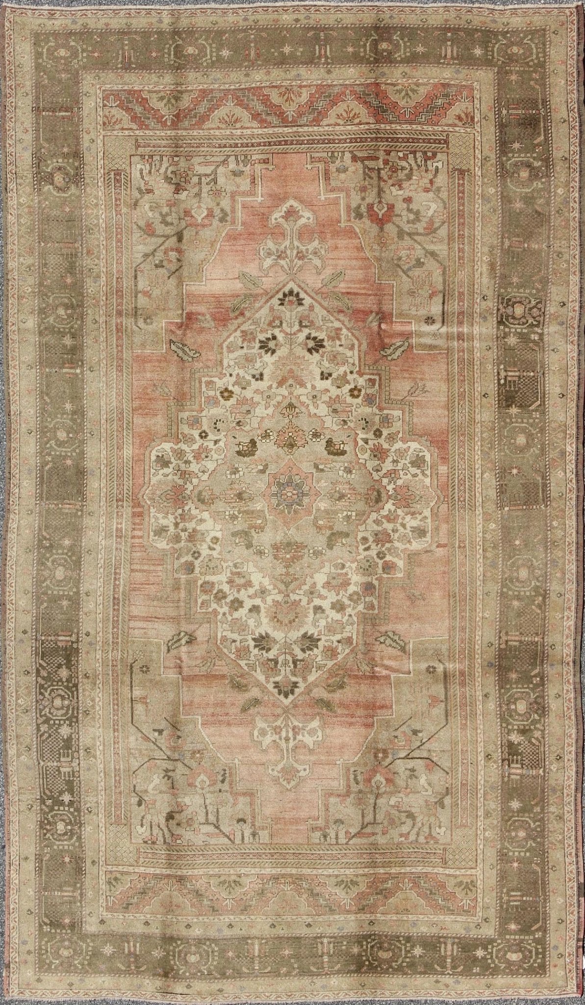 Vintage Turkish Oushak Carpet with Faint Salmon Field and Elegant Floral Motifs Faint Salmon Field Turkish Oushak Vintage Carpet rug/tu - trs - 95096, origin/turkey This beautiful rug from mid - 20th century Turkey features a Classic Oushak ... - Keivan Woven ArtsTU - TRS - 95096 - 3602Rug