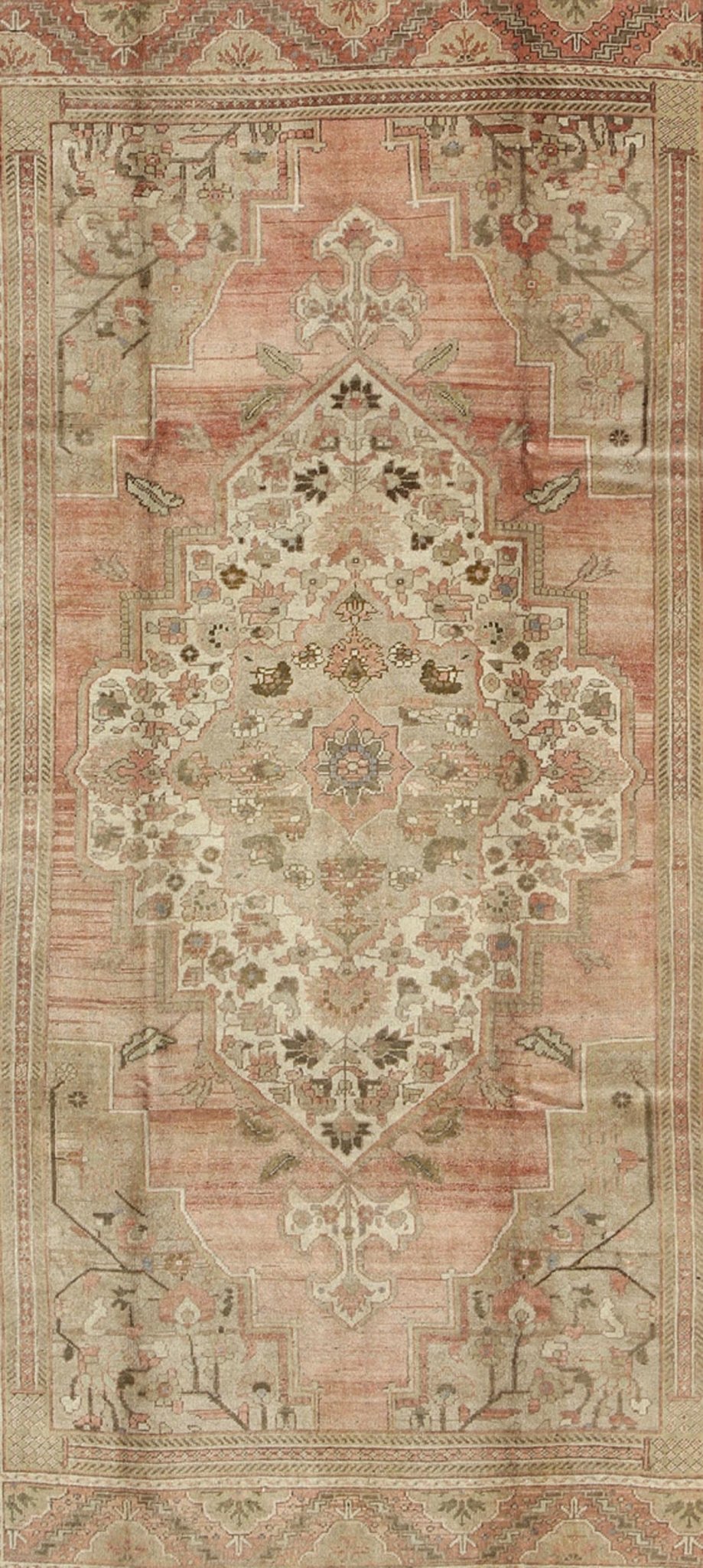 Vintage Turkish Oushak Carpet with Faint Salmon Field and Elegant Floral Motifs Faint Salmon Field Turkish Oushak Vintage Carpet rug/tu - trs - 95096, origin/turkey This beautiful rug from mid - 20th century Turkey features a Classic Oushak ... - Keivan Woven ArtsTU - TRS - 95096 - 3602Rug