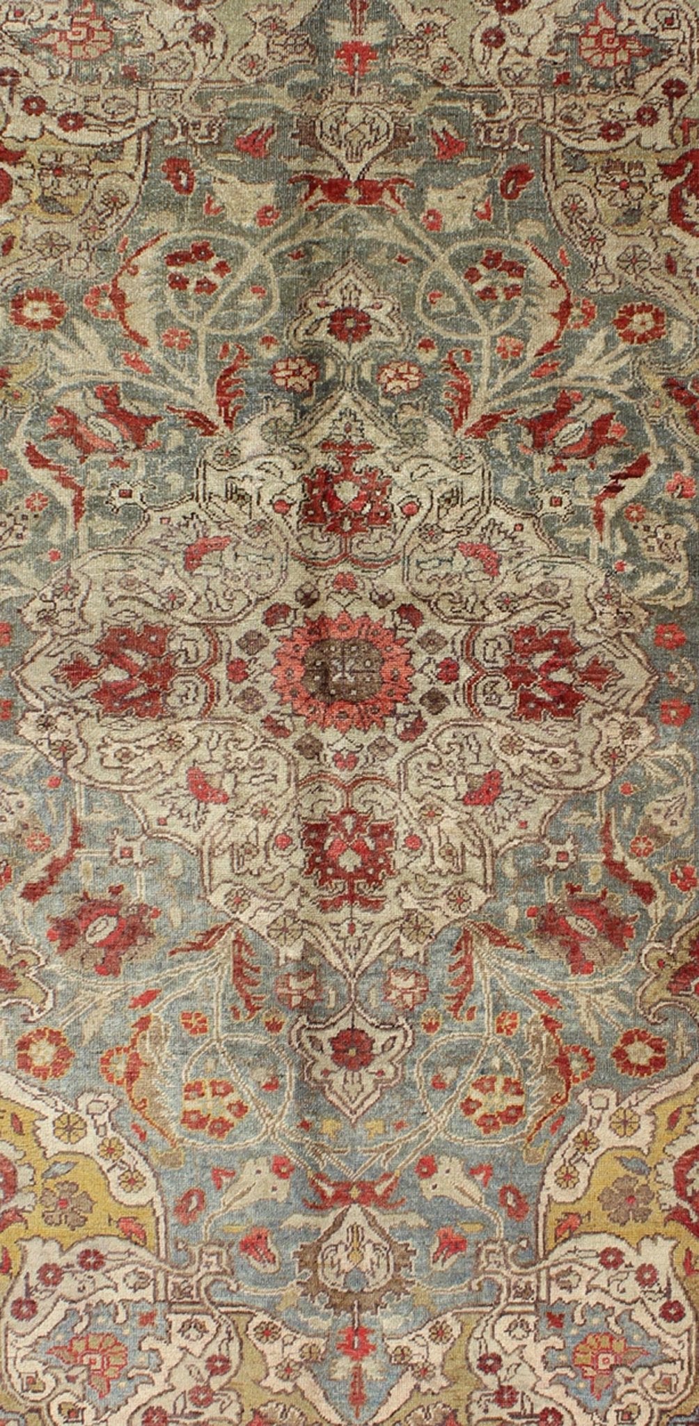 Floral medallion Antique Turkish Sivas rug in light blue, red, ivory, chartreuse, rug tu - trs - 95198, country of origin / type: Turkey / Oushak, circa 1930. This antique Turkish Oushak rug features an intricately beautiful design with a floral aes... - Keivan Woven ArtsTU - TRS - 95198 - 5044Rug