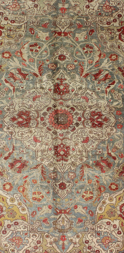 Floral medallion Antique Turkish Sivas rug in light blue, red, ivory, chartreuse, rug tu - trs - 95198, country of origin / type: Turkey / Oushak, circa 1930. This antique Turkish Oushak rug features an intricately beautiful design with a floral aes... - Keivan Woven ArtsTU - TRS - 95198 - 5044Rug