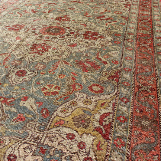 Floral medallion Antique Turkish Sivas rug in light blue, red, ivory, chartreuse, rug tu - trs - 95198, country of origin / type: Turkey / Oushak, circa 1930. This antique Turkish Oushak rug features an intricately beautiful design with a floral aes... - Keivan Woven ArtsTU - TRS - 95198 - 5044Rug