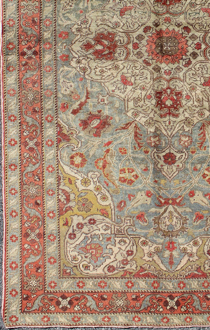 Floral medallion Antique Turkish Sivas rug in light blue, red, ivory, chartreuse, rug tu - trs - 95198, country of origin / type: Turkey / Oushak, circa 1930. This antique Turkish Oushak rug features an intricately beautiful design with a floral aes... - Keivan Woven ArtsTU - TRS - 95198 - 5044Rug