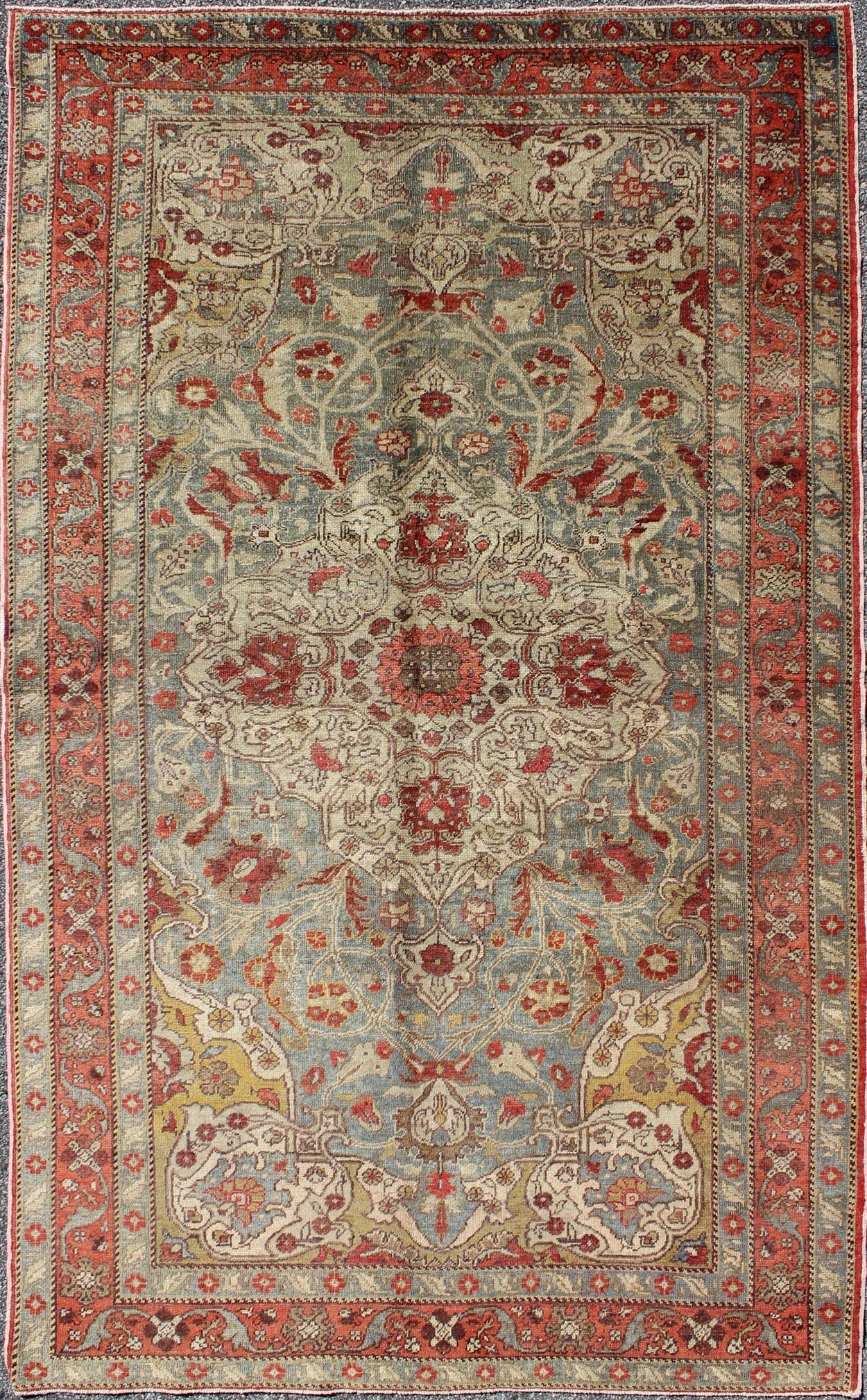 Floral medallion Antique Turkish Sivas rug in light blue, red, ivory, chartreuse, rug tu - trs - 95198, country of origin / type: Turkey / Oushak, circa 1930. This antique Turkish Oushak rug features an intricately beautiful design with a floral aes... - Keivan Woven ArtsTU - TRS - 95198 - 5044Rug
