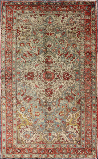 Floral medallion Antique Turkish Sivas rug in light blue, red, ivory, chartreuse, rug tu - trs - 95198, country of origin / type: Turkey / Oushak, circa 1930. This antique Turkish Oushak rug features an intricately beautiful design with a floral aes... - Keivan Woven ArtsTU - TRS - 95198 - 5044Rug