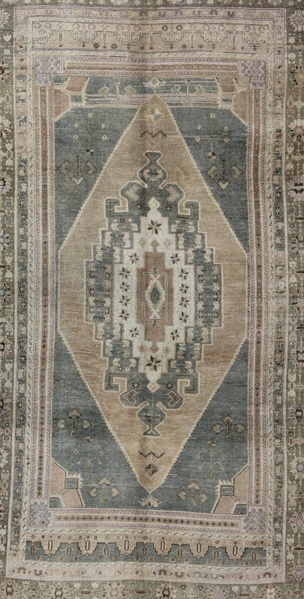 Vintage Oushak in Gray Green, Beige, Camel Background and Light Green Border . Vintage Oushak in Gray Green, Beige, Camel Background and Light Green Border. Rug / TU - UGU - 136007 This unique Turkish Oushak has a Gray green background along ... - Keivan Woven ArtsTU - UGU - 136007 - 4664Rug