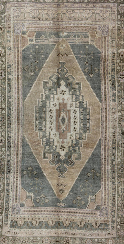 Vintage Oushak in Gray Green, Beige, Camel Background and Light Green Border . Vintage Oushak in Gray Green, Beige, Camel Background and Light Green Border. Rug / TU - UGU - 136007 This unique Turkish Oushak has a Gray green background along ... - Keivan Woven ArtsTU - UGU - 136007 - 4664Rug