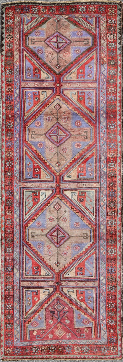 Vivid and Colorful Oushak Runner with Repeating Diamond Medallions rug - tu - ugu - 136008 origin/turkey This Turkish Oushak runner features a repeating medallion design. Colors include bright and soft red, mint green, taupe, and light purple. Turkish... - Keivan Woven ArtsTU - UGU - 136008 - 4668Rug