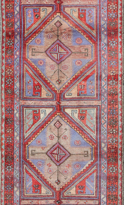 Vivid and Colorful Oushak Runner with Repeating Diamond Medallions rug - tu - ugu - 136008 origin/turkey This Turkish Oushak runner features a repeating medallion design. Colors include bright and soft red, mint green, taupe, and light purple. Turkish... - Keivan Woven ArtsTU - UGU - 136008 - 4668Rug