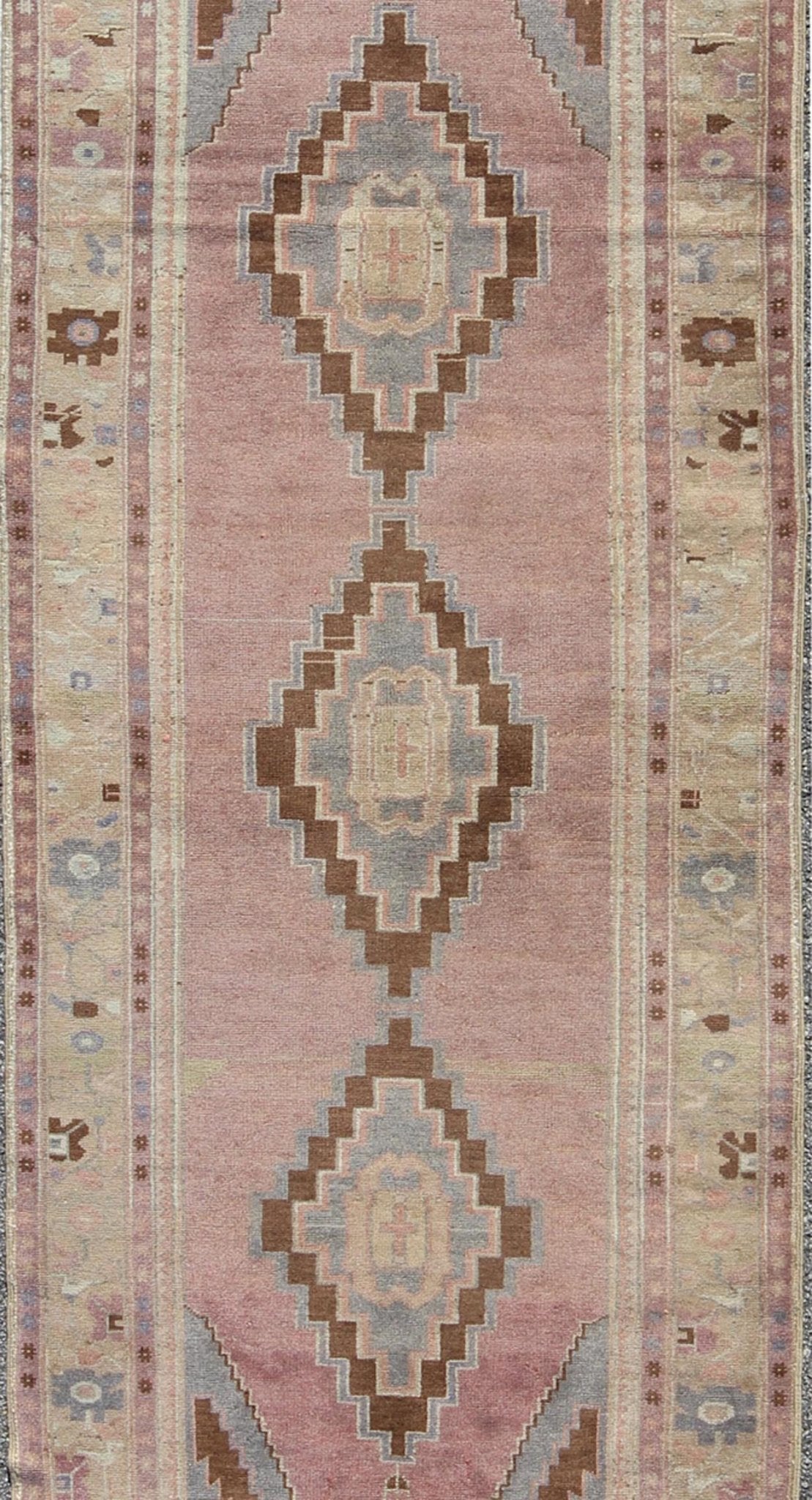 Midcentury Turkish Oushak rug with diamond medallions in lavender, pink, brown, cream and blue rug tu - ugu - 136009, country of origin / type: Turkey / Oushak, circa 1950. This beautiful vintage Oushak runner from 1950s Turkey features a geometric ... - Keivan Woven ArtsTU - UGU - 136009 - 4672Rug