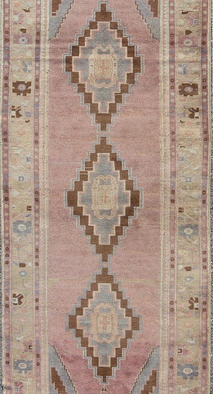 Midcentury Turkish Oushak rug with diamond medallions in lavender, pink, brown, cream and blue rug tu - ugu - 136009, country of origin / type: Turkey / Oushak, circa 1950. This beautiful vintage Oushak runner from 1950s Turkey features a geometric ... - Keivan Woven ArtsTU - UGU - 136009 - 4672Rug